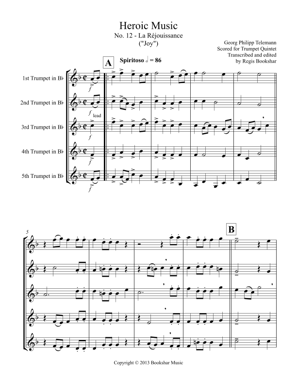 Heroic Music - No. 12. La Rejouissance (Eb) (Trumpet Quintet) (arr. Regis Bookshar)