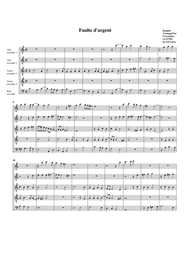 Faulte d'argent (arrangement for 5 recorders) (arr. Gil Garty)