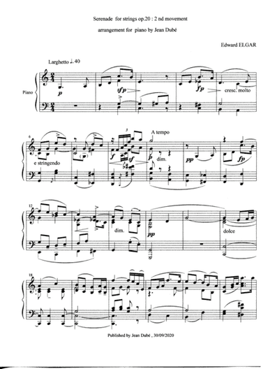 Elgar,E. : Larghetto from Serenade ( piano solo) (arr. jean Dube)