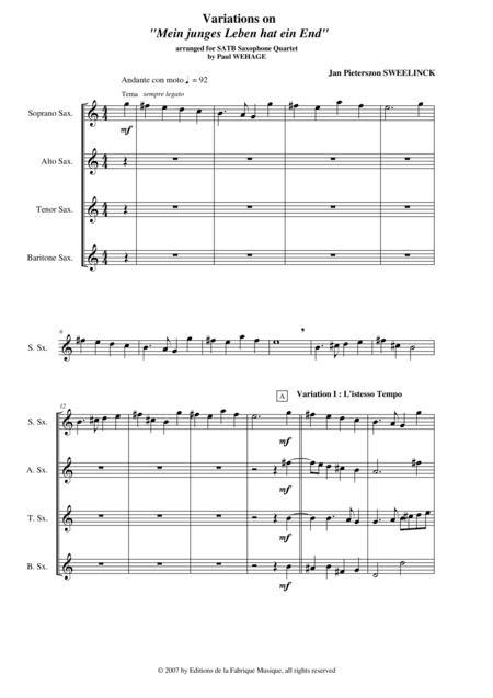 Jan Pieterszoon Sweelinck/Paul Wehage - Variations on 'Mein Juges Leben hat ein end'- arranged for S (arr. Musik Fabrik Music Publishing)