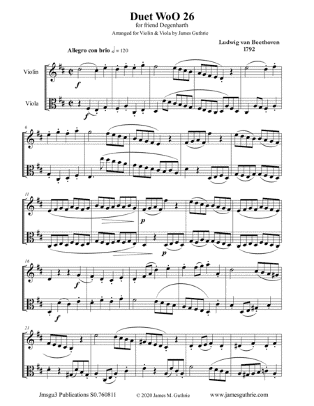 Beethoven: Duet WoO 26 for Violin & Viola (arr. James Guthrie, ASCAP)