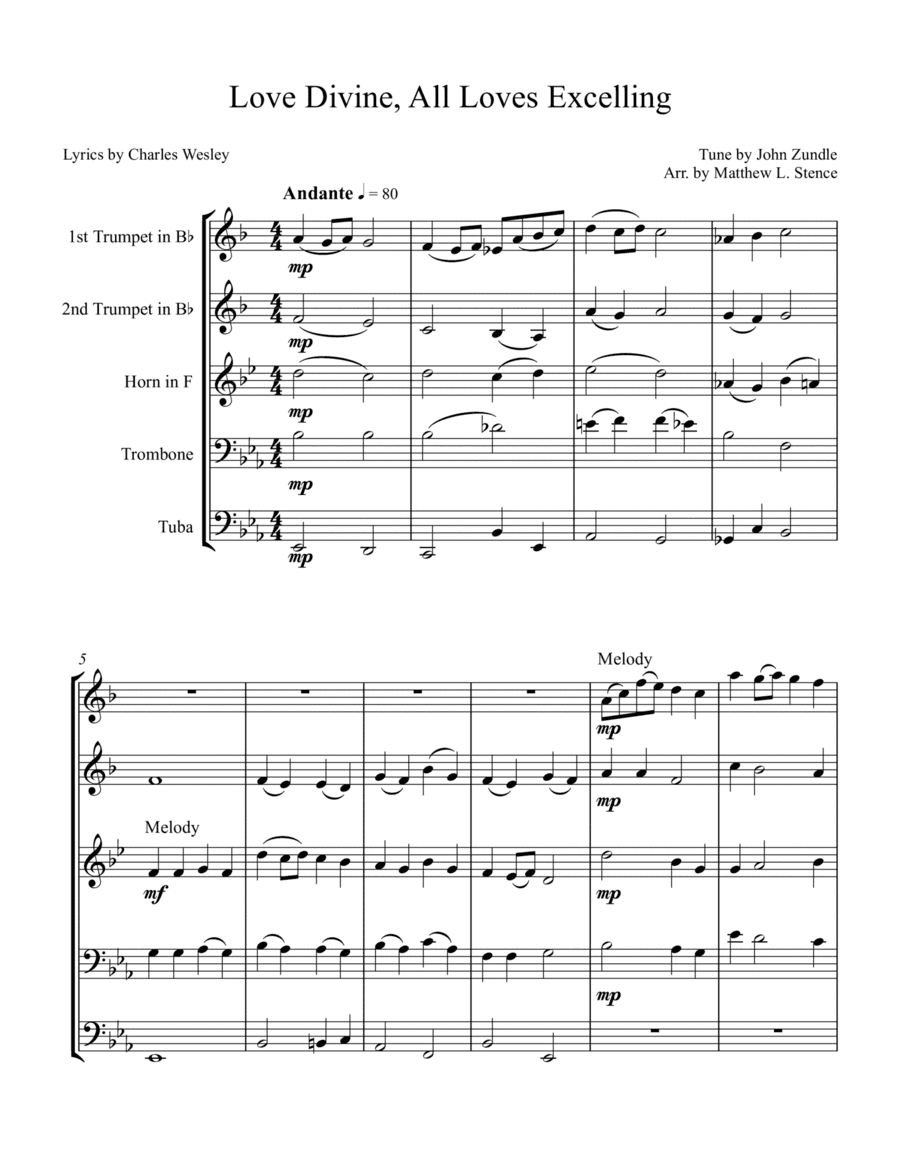 Love Divine, All Loves Excelling - Brass Quintet (arr. Matthew L. Stence)