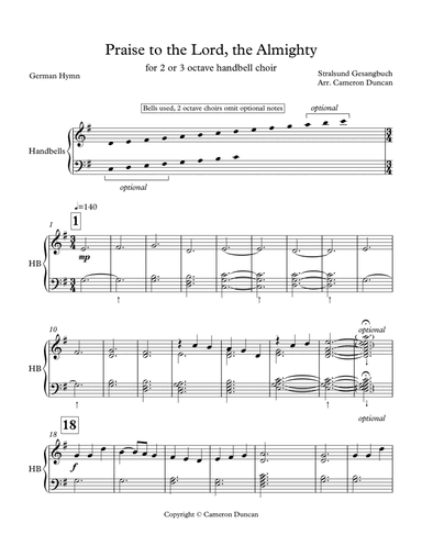 Praise To The Lord, The Almighty (for 2 or 3 octave handbells) (arr. Cameron Duncan)