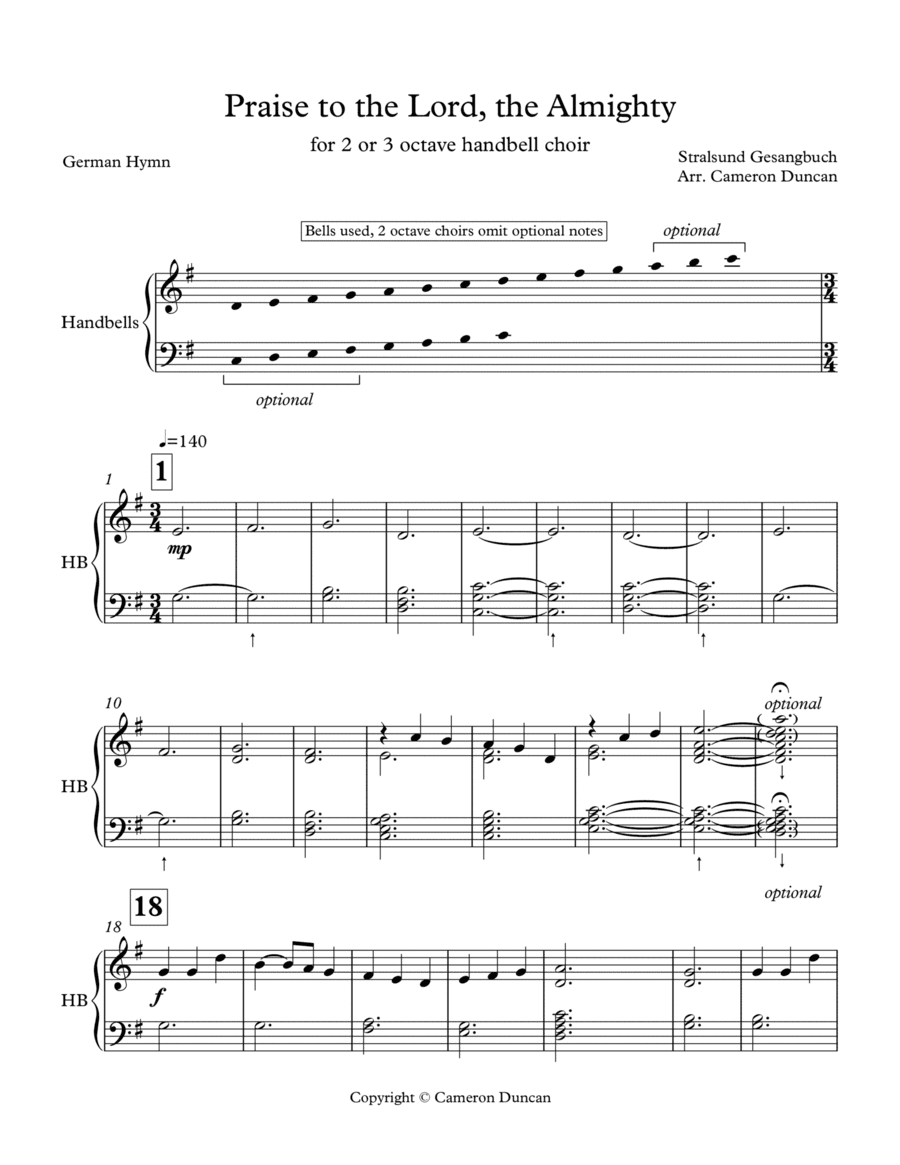 Praise To The Lord, The Almighty (for 2 or 3 octave handbells) (arr. Cameron Duncan)