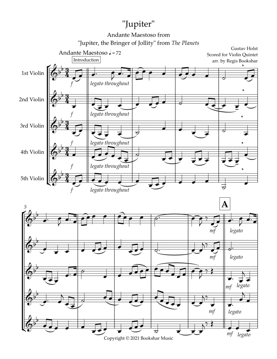 Jupiter (Andante Maestoso from "Jupiter, the Bringer of Jollity" from The Planets) (Bb) (Violin Quin (arr. Regis Bookshar)