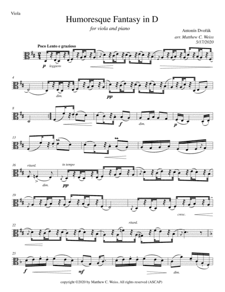 Humoresque Fantasy in D for Viola and Piano (arr. Matthew C. Weiss)