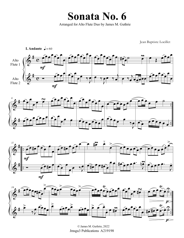 Loeillet: Sonata No. 6 for Alto Flute Duo (arr. James M. Guthrie)