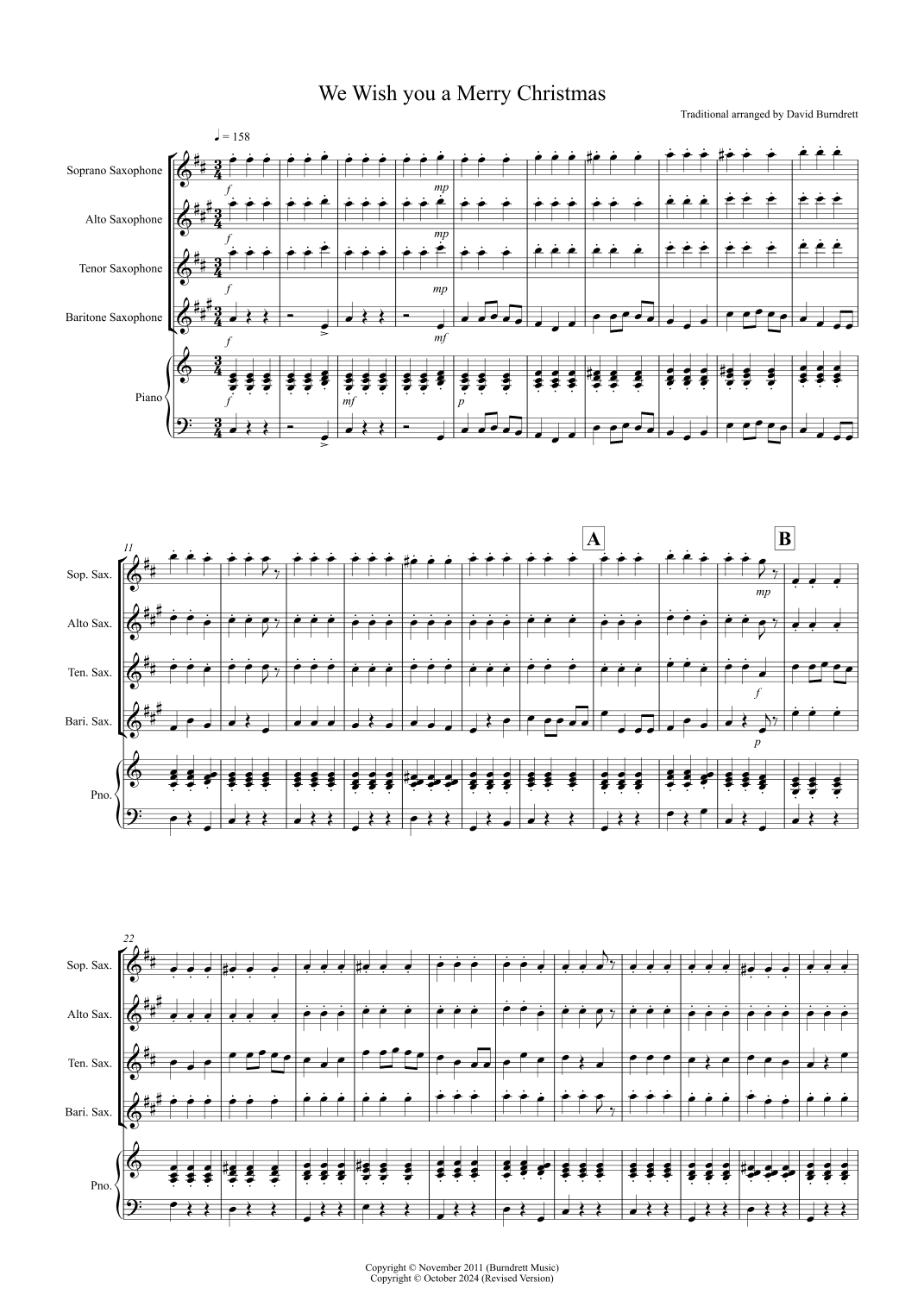 We wish you a Merry Christmas for Saxophone Quartet (arr. David Burndrett)