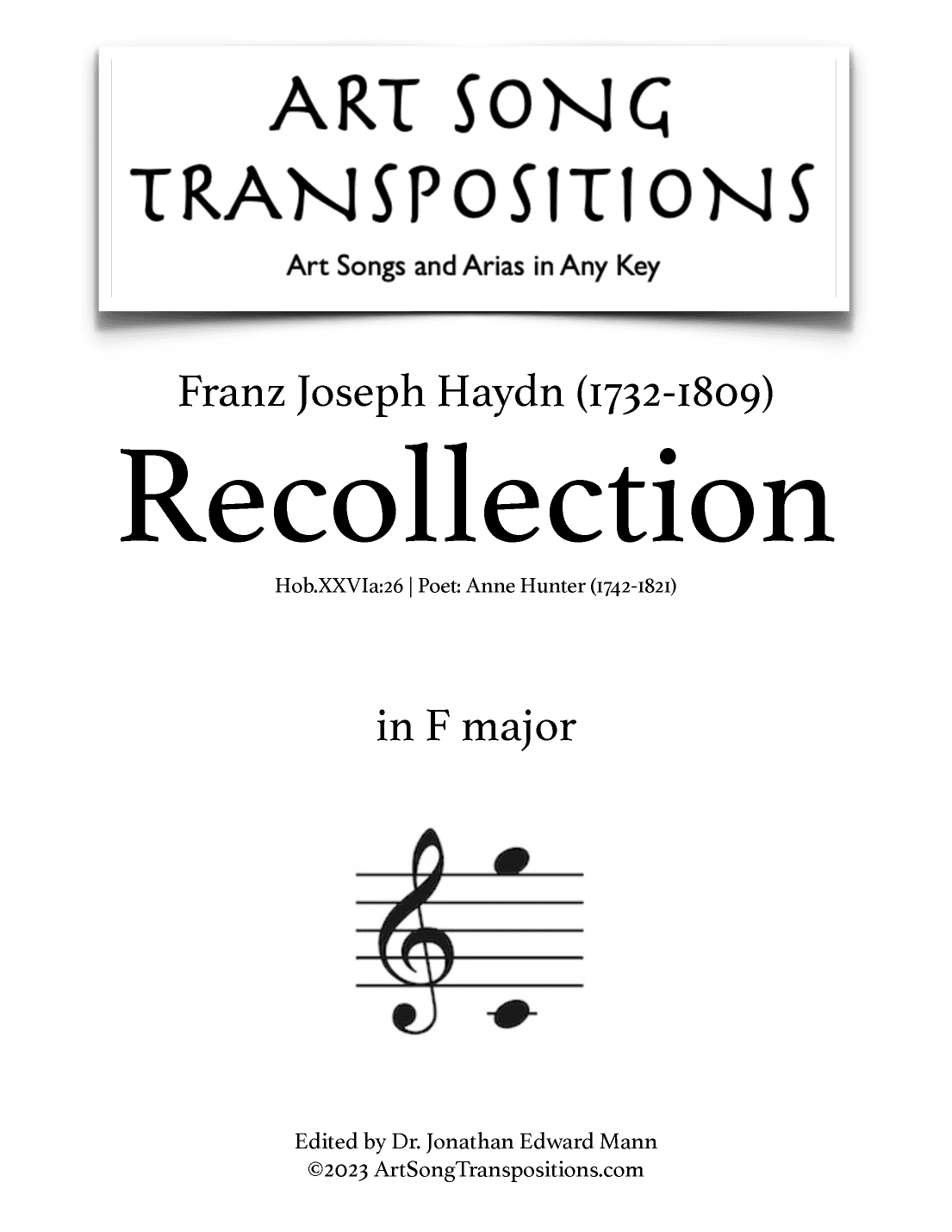 HAYDN: Recollection, Hob.XXVIa:26 (transposed to F major) (arr. ArtSongTranspositions.com)