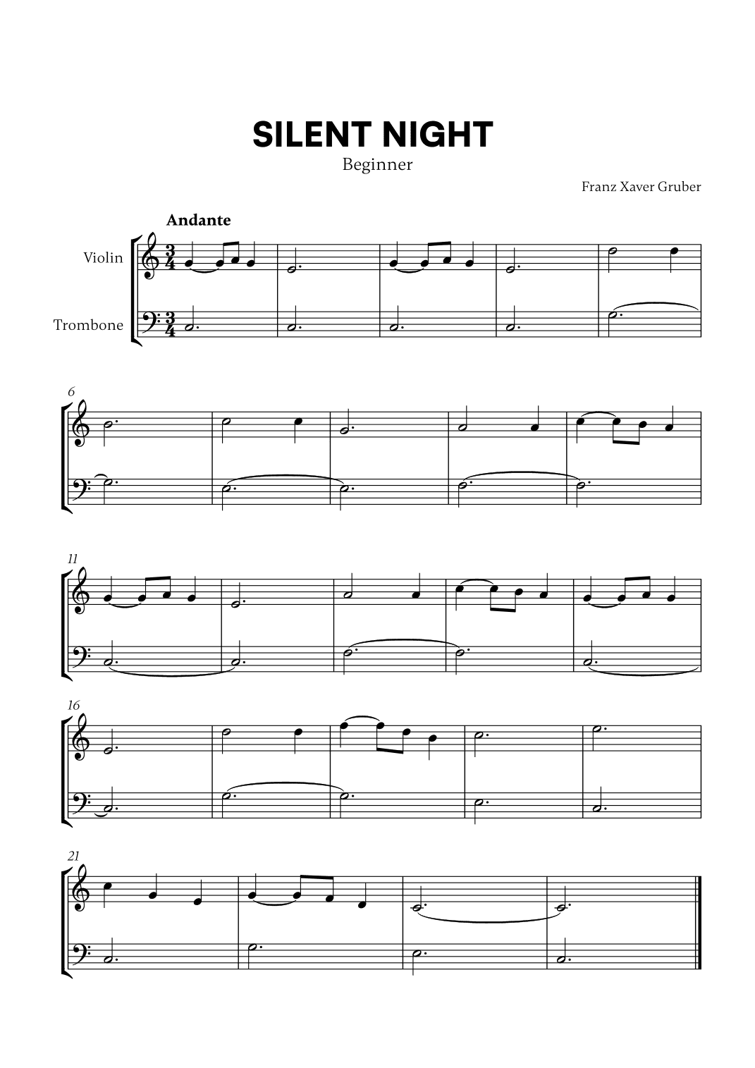Silent Night (Beginner) (for Violin and Trombone) (arr. Cadenza Editions)