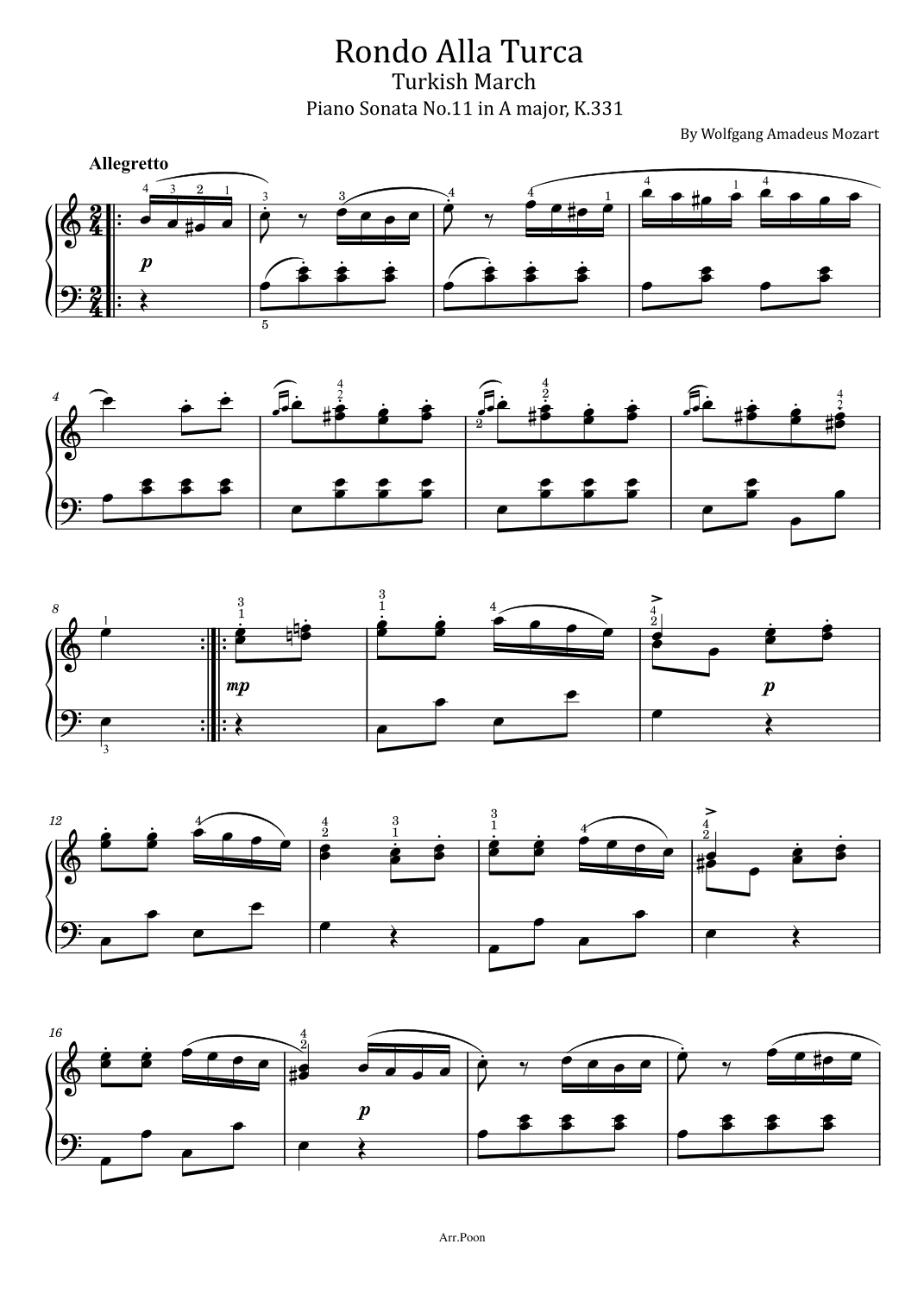 Mozart - Rondo Alla Turca - K.331 - (Turkish March) Original With Finger (arr. poon)