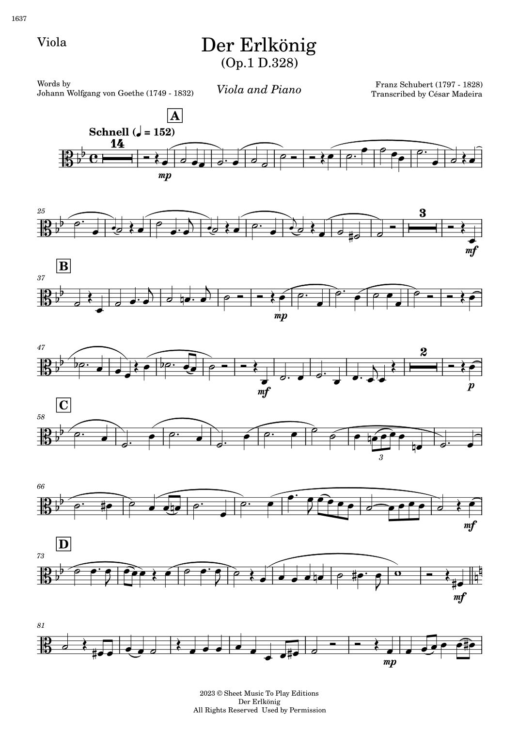 Der Erlkönig by Schubert - Viola and Piano (Individual Parts) (arr. César Madeira)