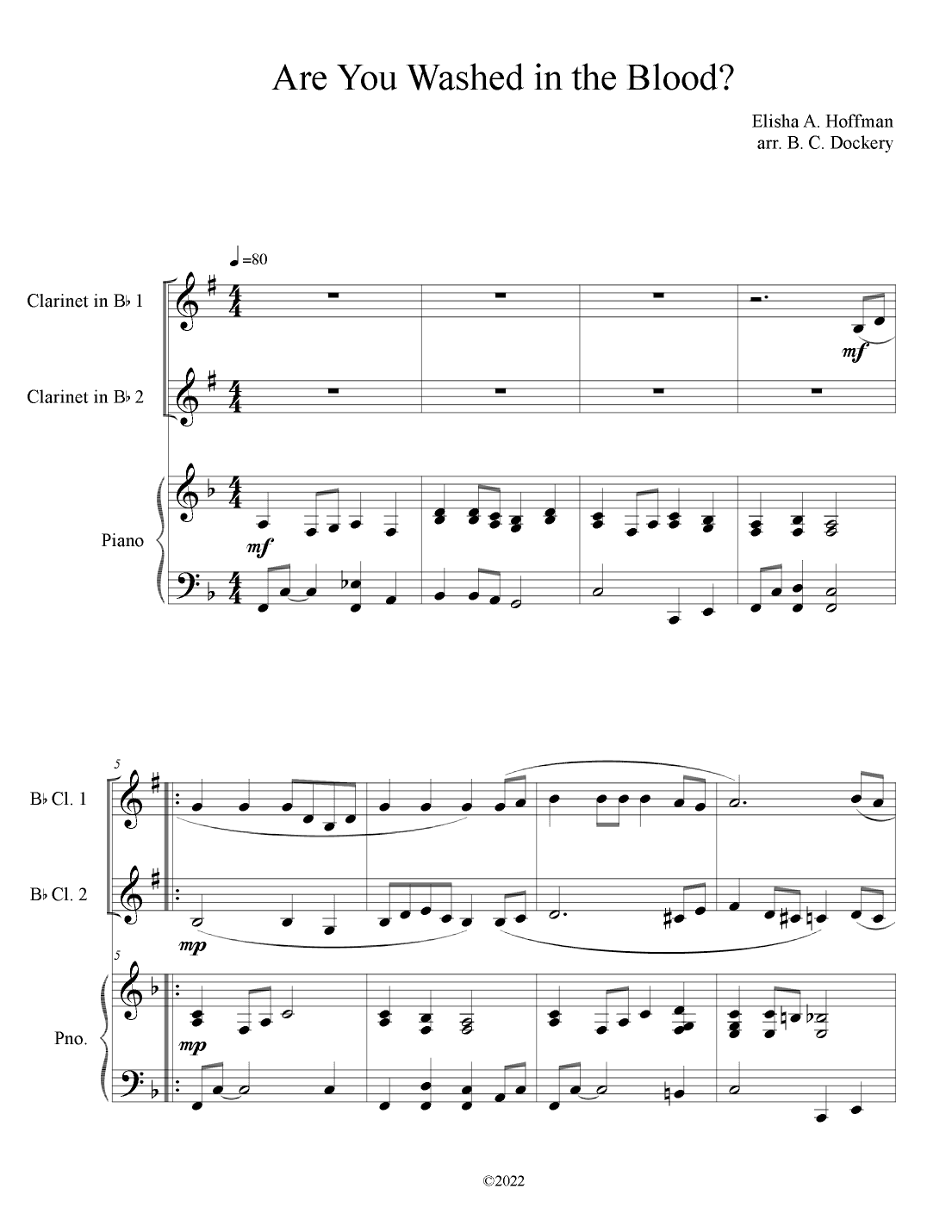 Are You Washed in the Blood? (Clarinet Duet with Piano Accompaniment) (arr. B. C. Dockery)