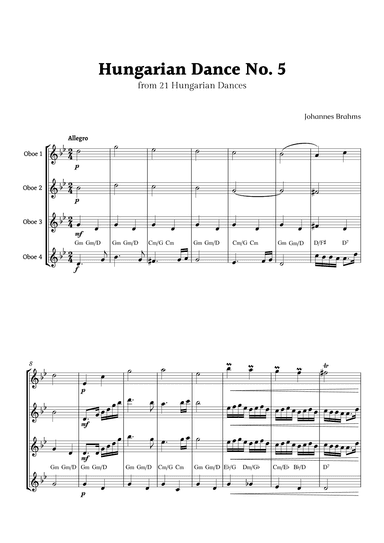 Hungarian Dance No. 5 by Brahms for Oboe Quartet with Chords (arr. Rika K.)