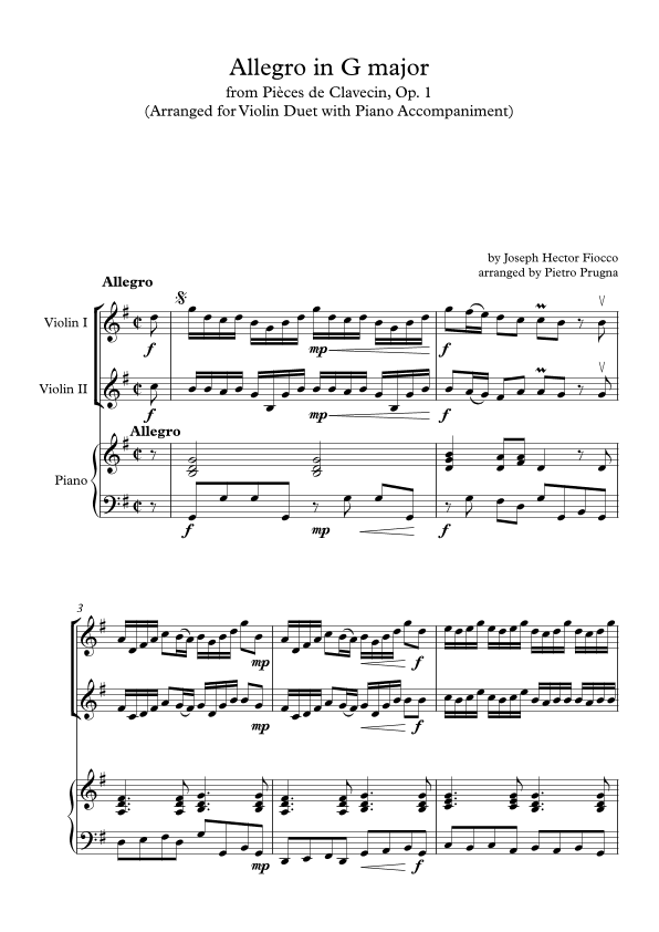 Allegro in G major (Pièces de Clavecin, Op. 1) (arr 2 Violins & Piano) ("I'll Second This" Series) (arr. Pietro Prugna)