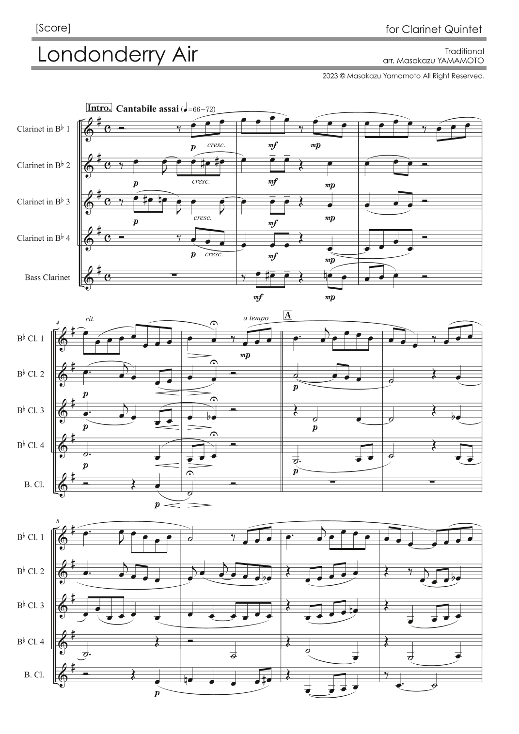Londonderry Air (Danny Boy) [Clarinet Quintet] (arr. Masakazu YAMAMOTO)