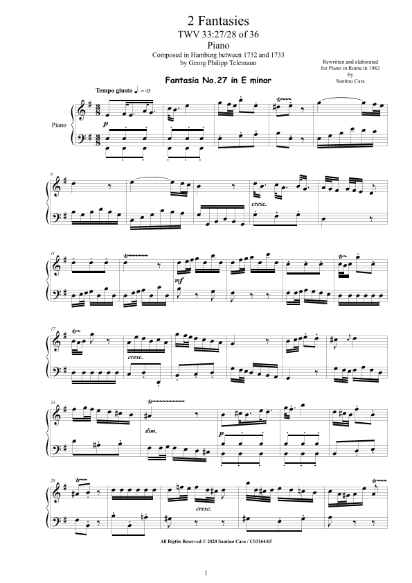 Telemann - 2 Fantasies in (E minor, G major) TWV 33 No.27-28 of 36 for Piano (arr. Santino Cara)