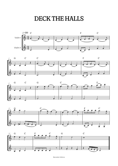 Deck the Halls for violin duet • intermediate Christmas song sheet music with chords (arr. Benzaiten Editions)