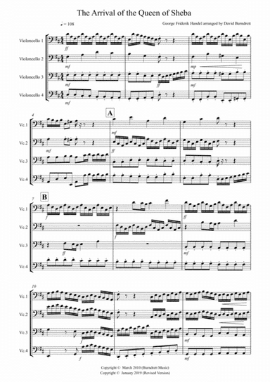Arrival of the Queen of Sheba for Cello Quartet (arr. David Burndrett)