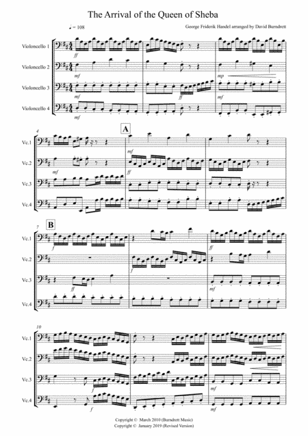 Arrival of the Queen of Sheba for Cello Quartet (arr. David Burndrett)