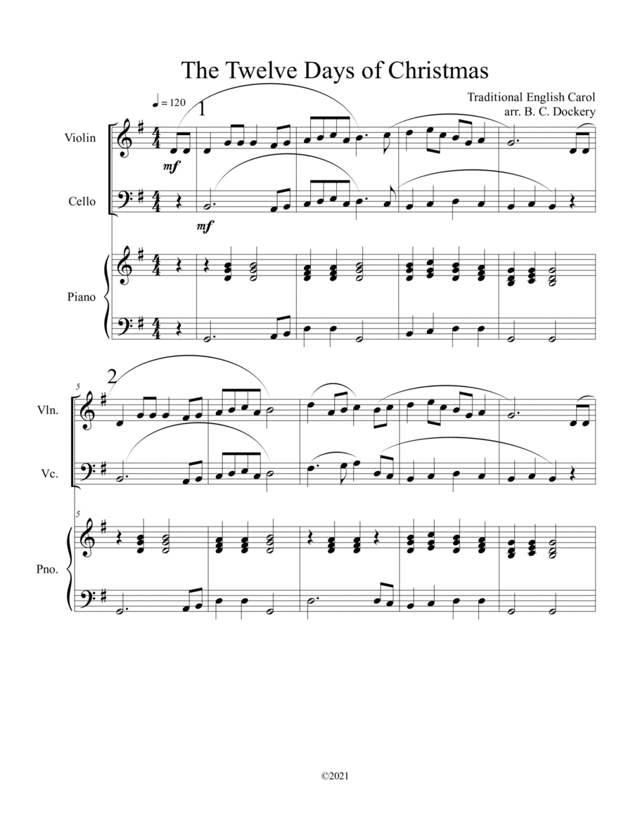 The Twelve Days of Christmas (Violin and Cello Duet with Piano Accompaniment) (arr. B. C. Dockery)