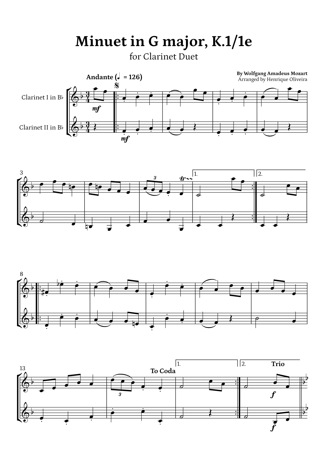 Minuet in G major, K.1/1e (Clarinet Duet) - W. A. Mozart (arr. Henrique Oliveira)
