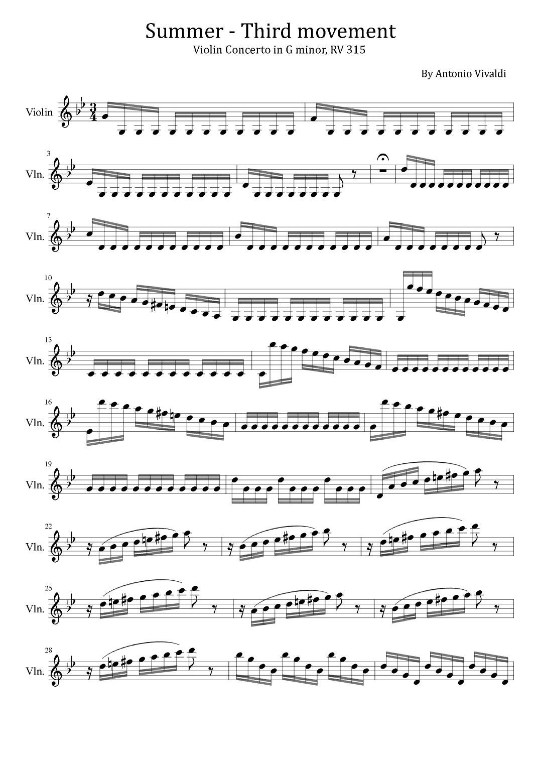 Summer - Third movement - Violin Concerto in G minor, RV 315 - For violin Solo (arr. poon)