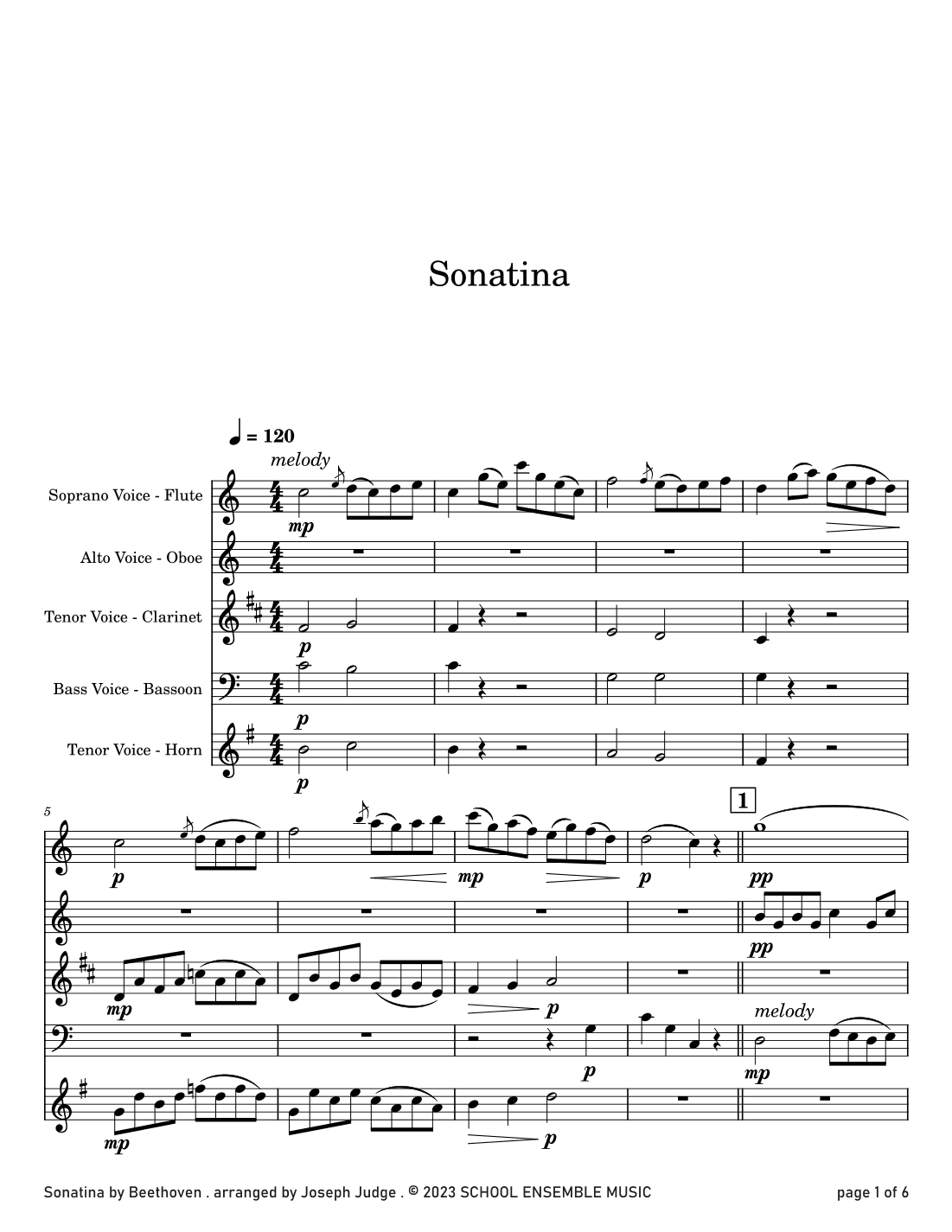 Sonatina by Beethoven for Woodwind Quartet in Schools (arr. Joseph Judge)
