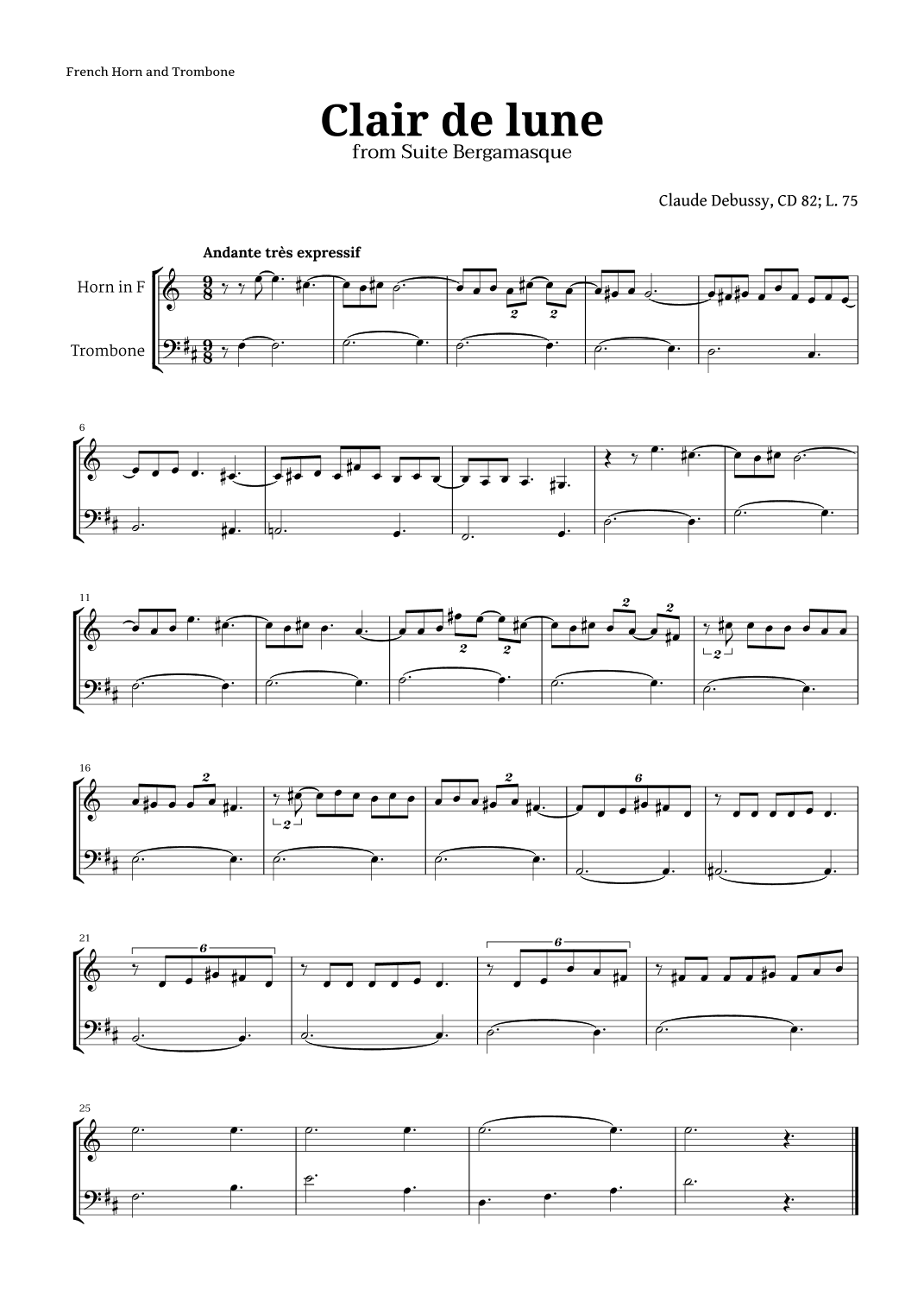 Clair de Lune by Debussy for French Horn and Trombone (arr. Langanho)