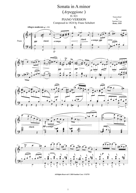 Schubert F - Arpeggione Sonata in A minor D.821 - Piano version (arr. Santino Cara)