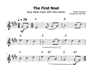 The First Noel - (E Major - with note names) (arr. Valdir Maia)