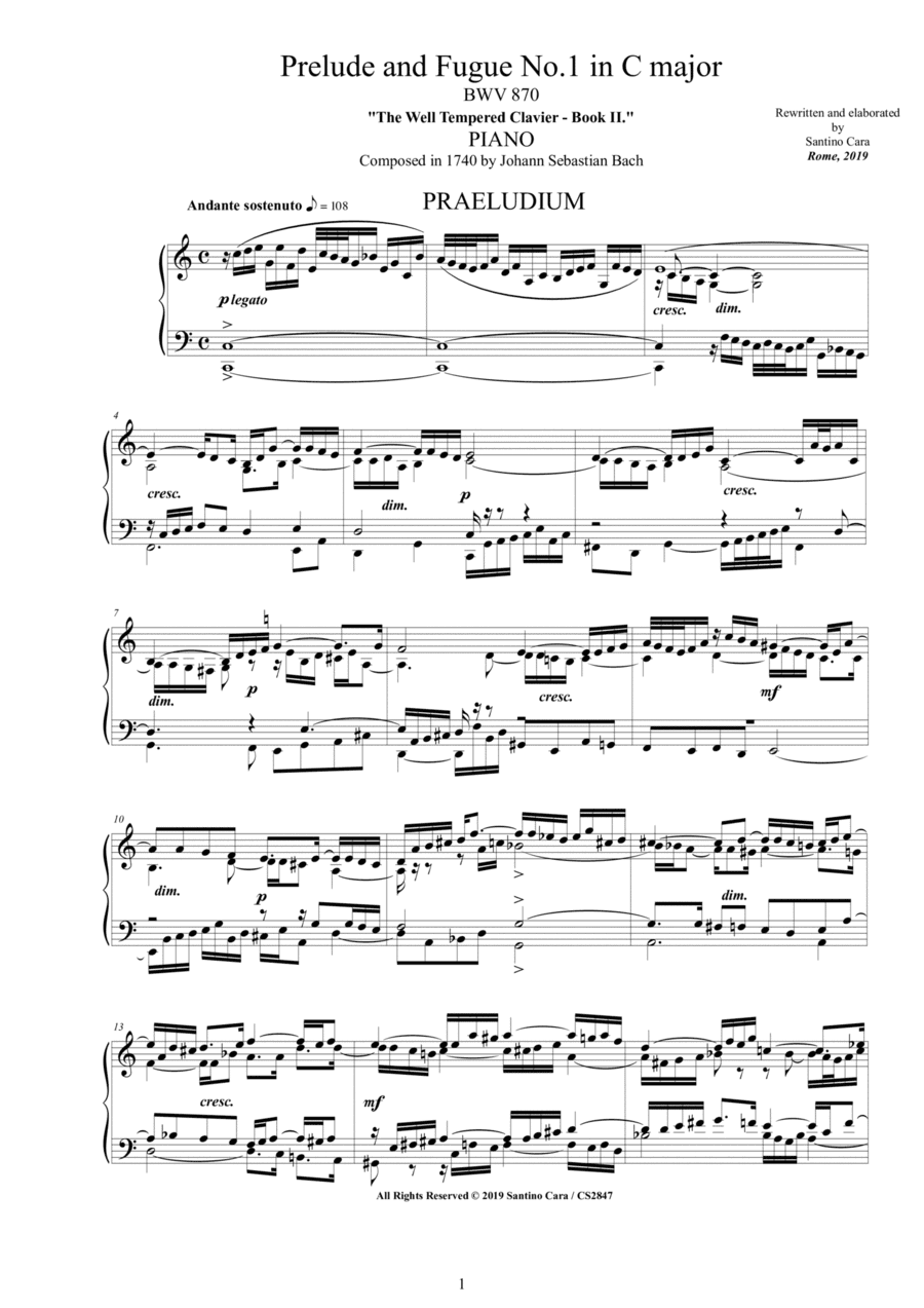 Bach - Prelude and Fugue No.1 in C major BWV 870 for Piano (arr. Santino Cara)