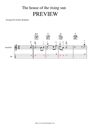 The house of the rising sun. Mandolin sheet music and tablature (arr. Ioannis Kalpakis www.mandolino.blogspot.com)