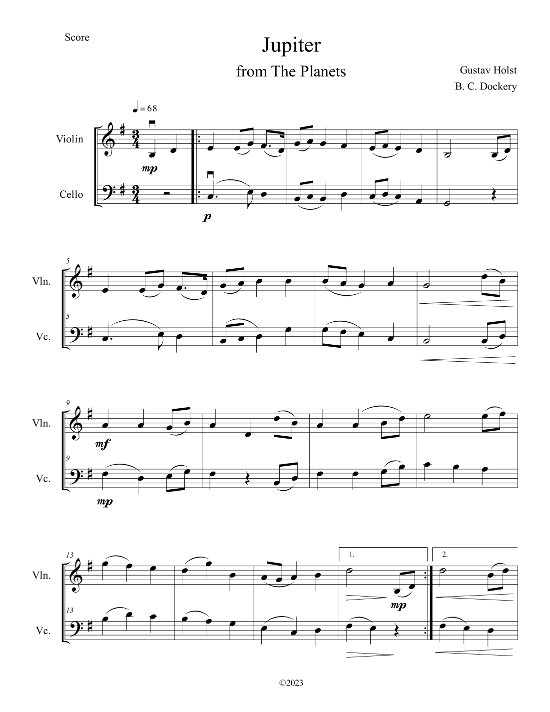 Jupiter (from The Planets) for Violin and Cello Duet (arr. B. C. Dockery)