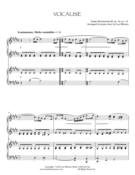 Rachmaninoff - Vocalise, for Piano Duet (arr. Len Rhodes)