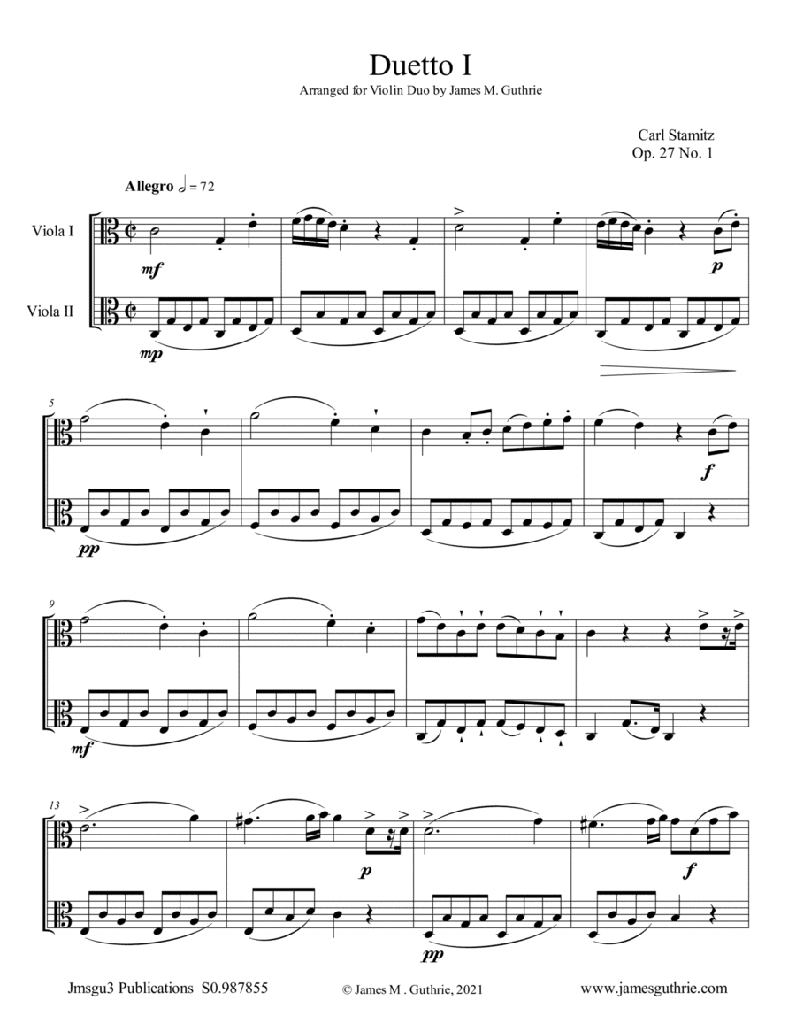 Stamitz: Six Duets Op. 27 Complete for Viola Duo (arr. James M. Guthrie)