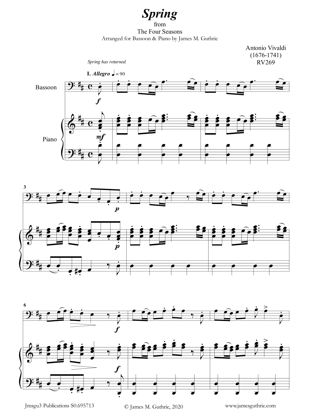 Vivaldi: Spring from the Four Seasons for Bassoon & Piano (arr. James M. Guthrie, ASCAP)