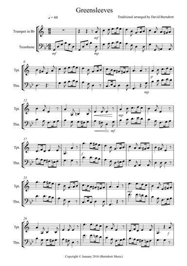 Greensleeves for Trumpet and Trombone Duet (arr. David Burndrett)