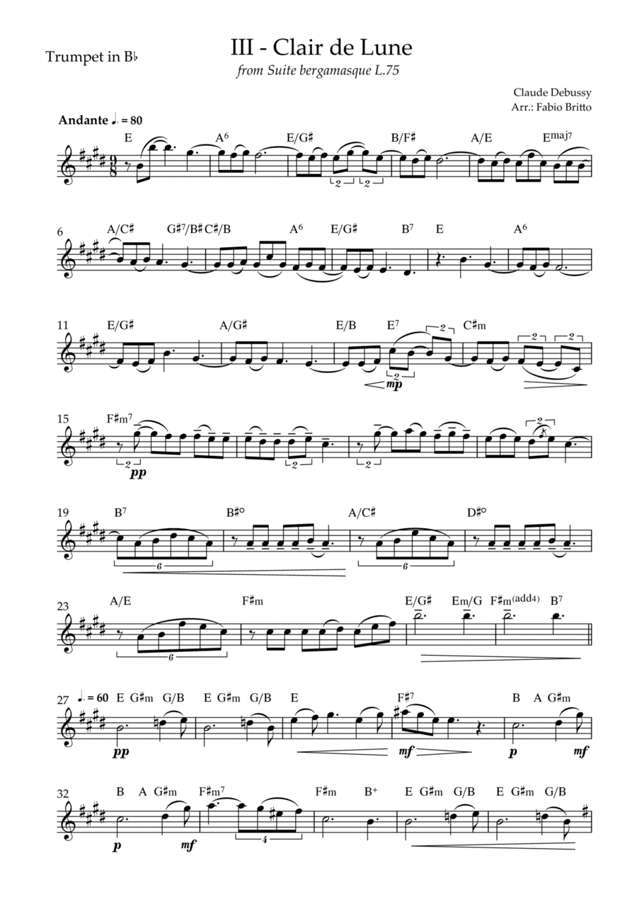 Clair de Lune (C. Debussy) for Trumpet in Bb Solo with Chords (D Major) (arr. Fabio Britto)