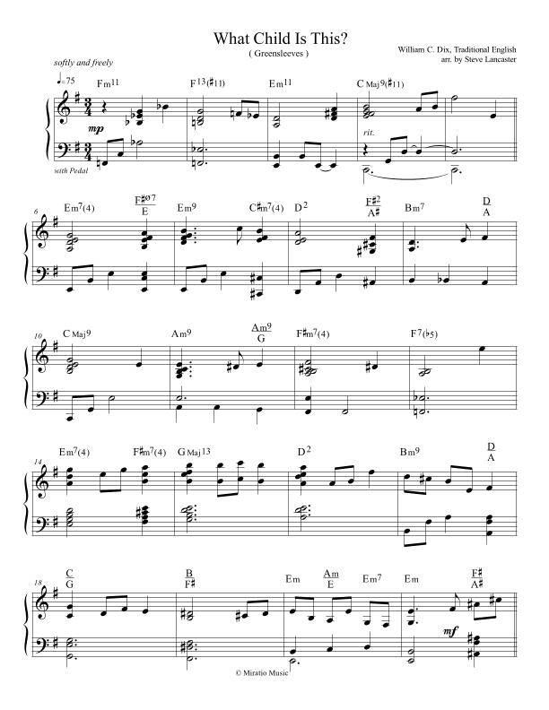 What Child Is This?  (Greensleeves) - contemplative arr. for solo piano (arr. Steve Lancaster)
