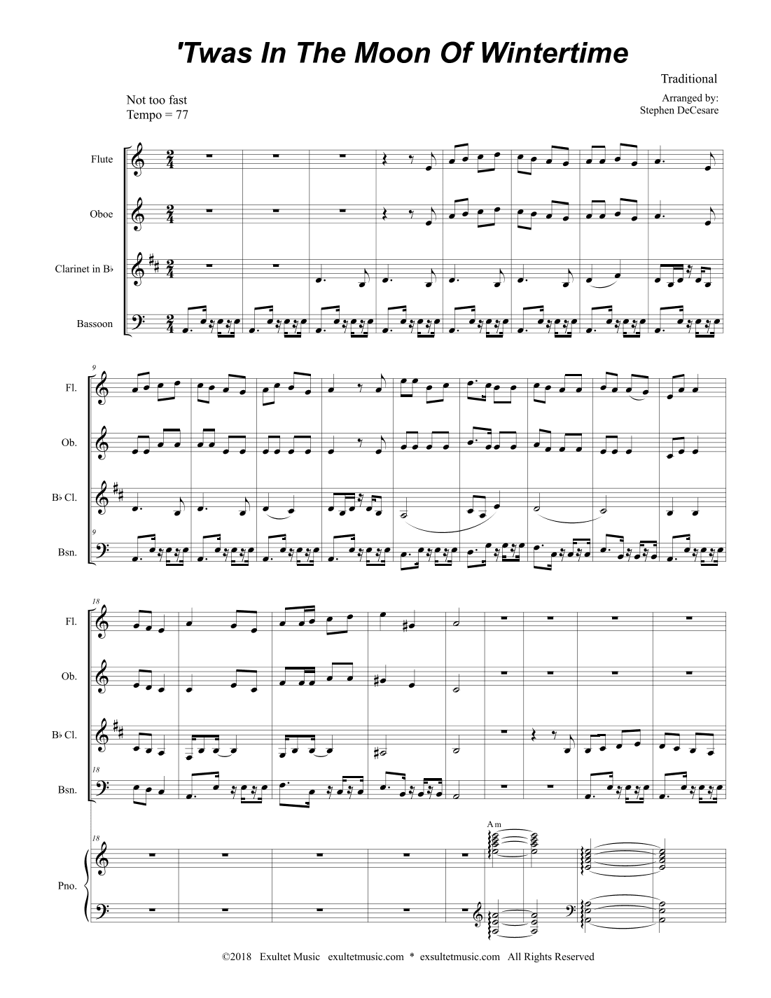 'Twas In The Moon Of Wintertime (Woodwind Quartet and Piano) (arr. Stephen DeCesare)
