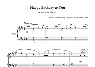 Happy Birthday to You Piano in D Easy Intermediate Full Fingering (arr. Milanov)
