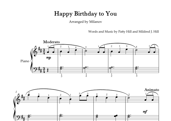 Happy Birthday to You Piano in D Easy Intermediate Full Fingering (arr. Milanov)