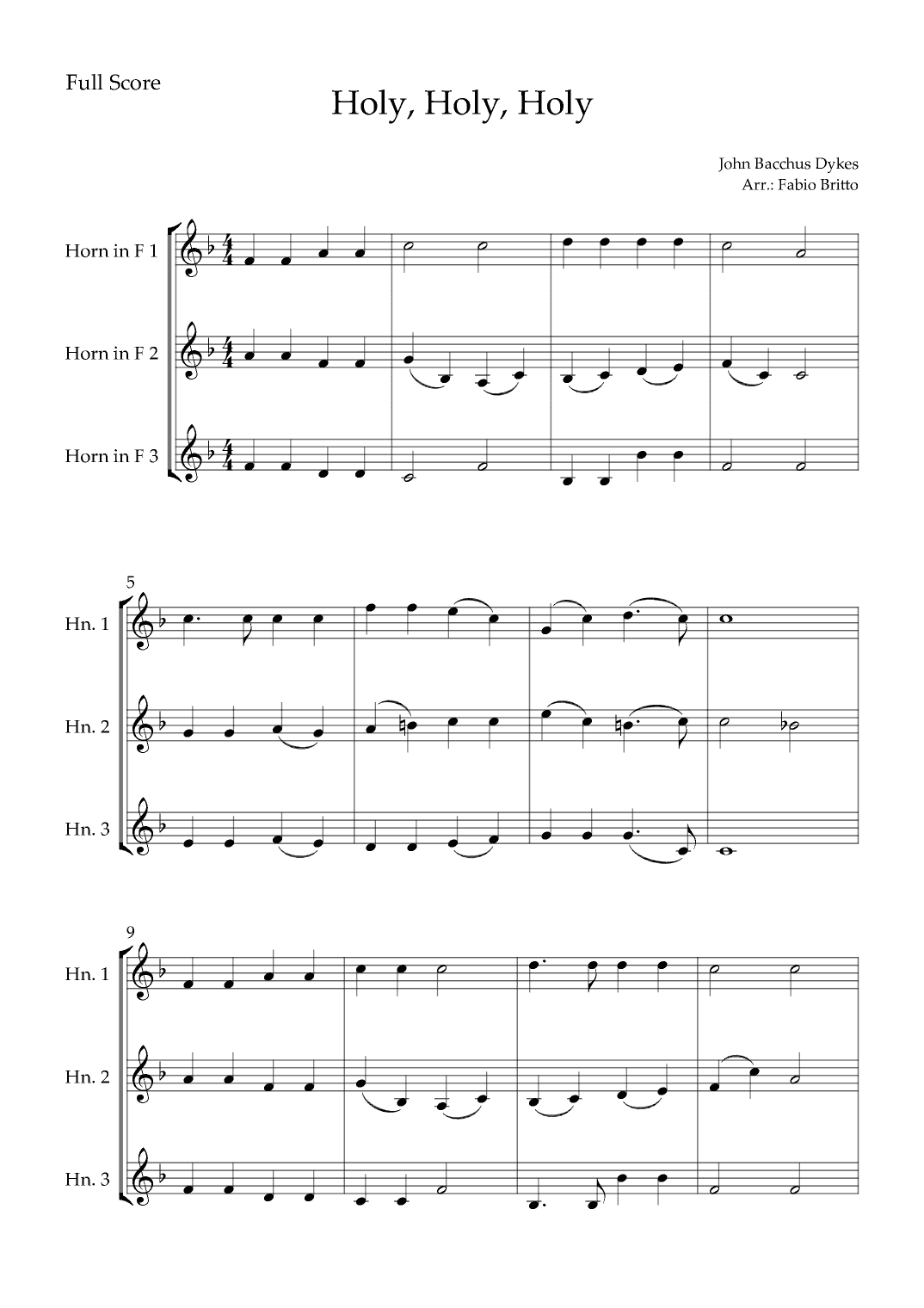 Holy, Holy, Holy (Traditional Christian Song) for Horn in F Trio (arr. Fabio Britto)