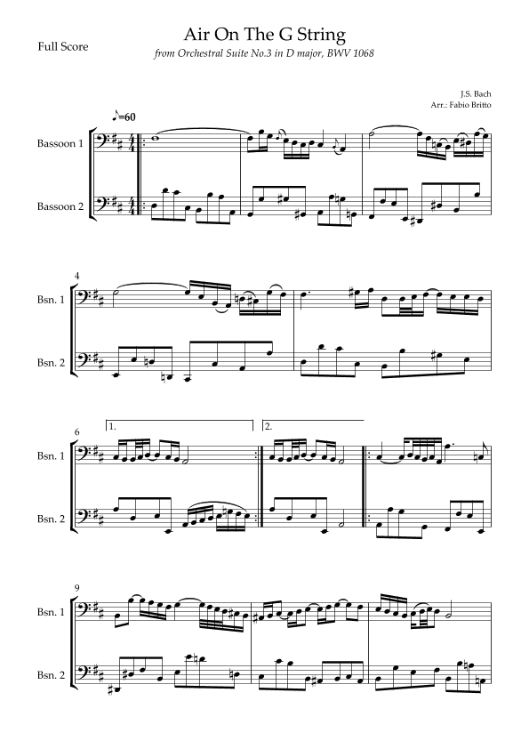 Air On The G String (J.S. Bach) for Bassoon Duo (arr. Fabio Britto)