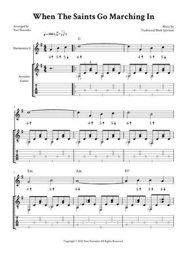 When The Saints Go Marching In - Duet For Harmonica G and Acoustic Guitar (with TAB and Chords) (arr. Yuri Noronha)