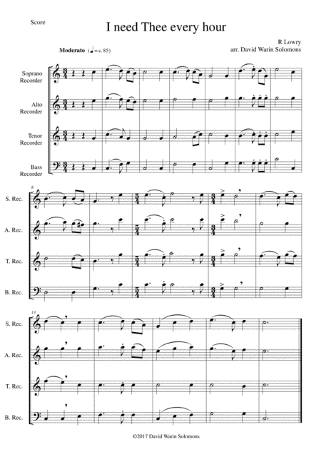 I Need Thee Every Hour for recorder quartet (arr. David Warin Solomons)