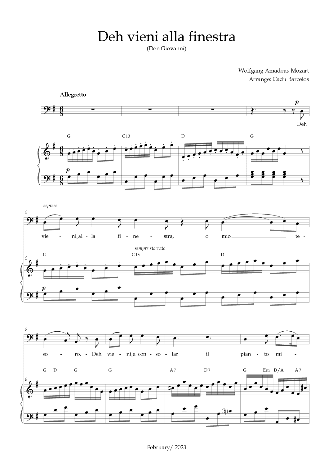 Deh vieni alla finestra (Don Giovanni) Mozart - G Major Chords (BARITONE) (arr. Cadu Barcelos)