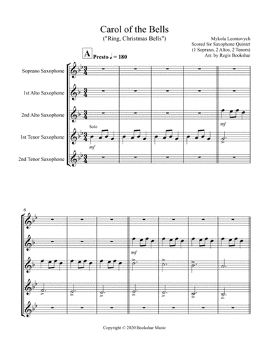 Carol of the Bells (F min) (Saxophone Quintet - 1 Sop, 2 Alto, 2 Ten) (arr. Regis Bookshar)