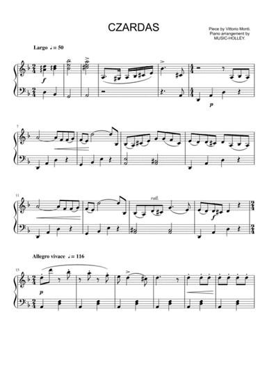 Monti - Czardas (easy piano sheet) (arr. Music-holley)